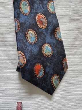 Frame Denim Navy Tie with Orange and Light Blue Medallion Accents